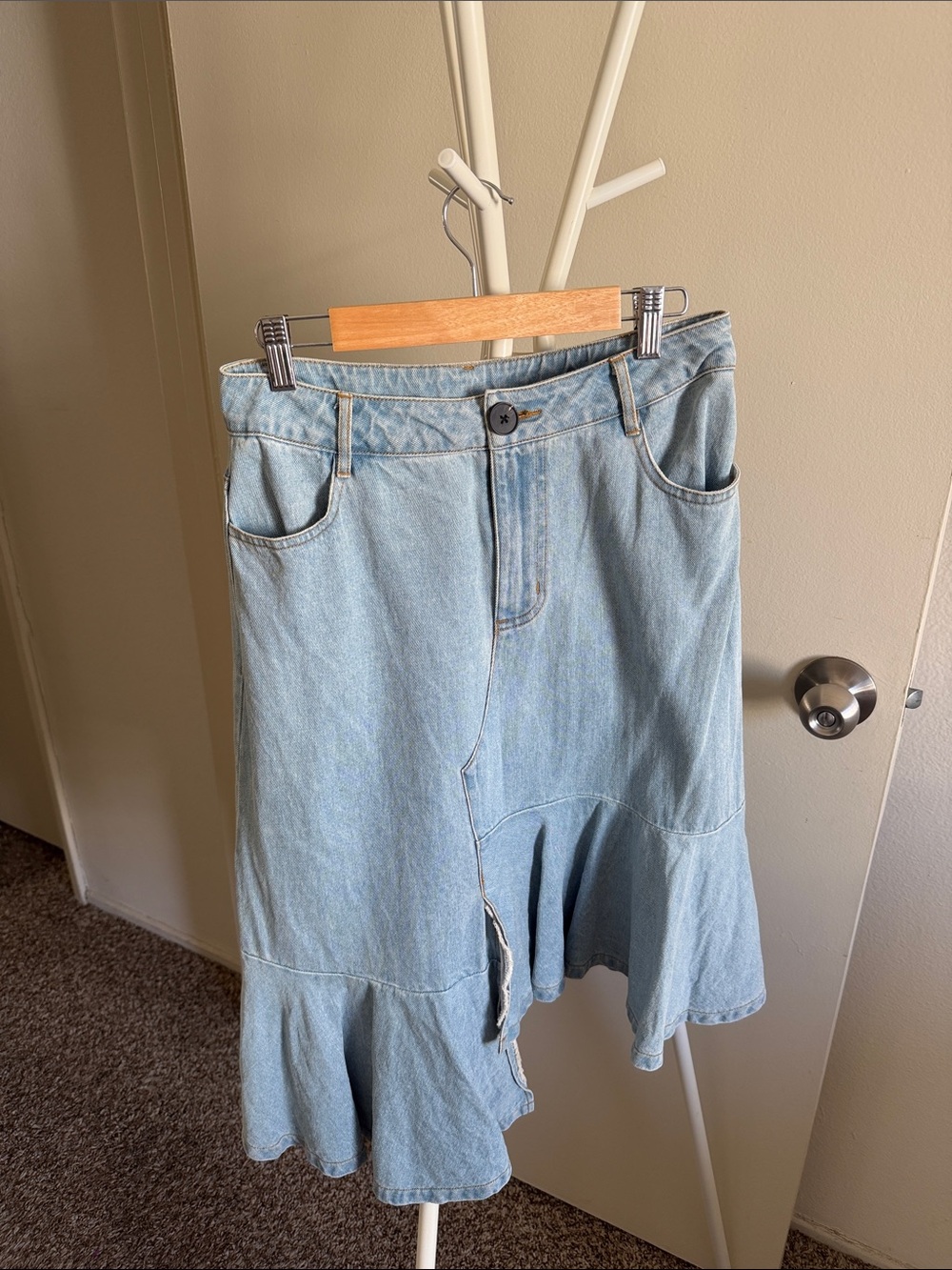 Light Wash Denim Midi Skirt - Blue
